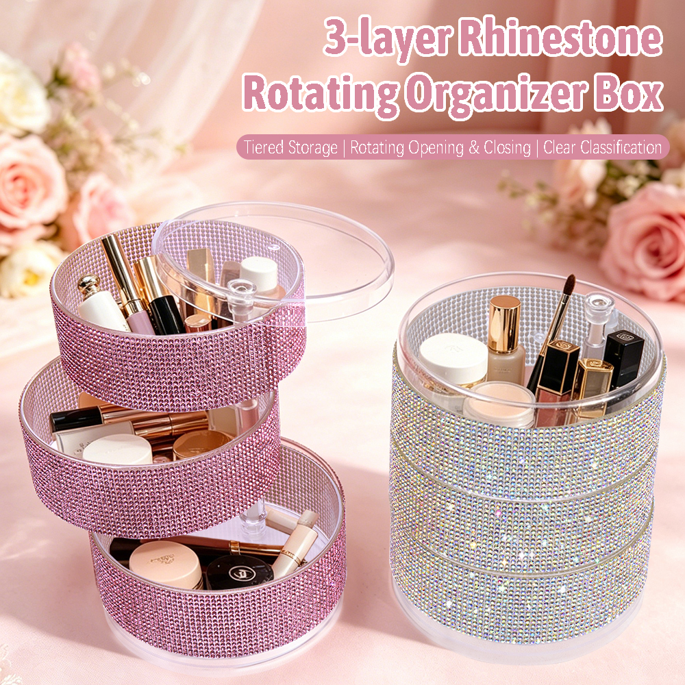 Eyeshadow Palette - 3-Layer Rotating Rhinestone Makeup Organizer Round